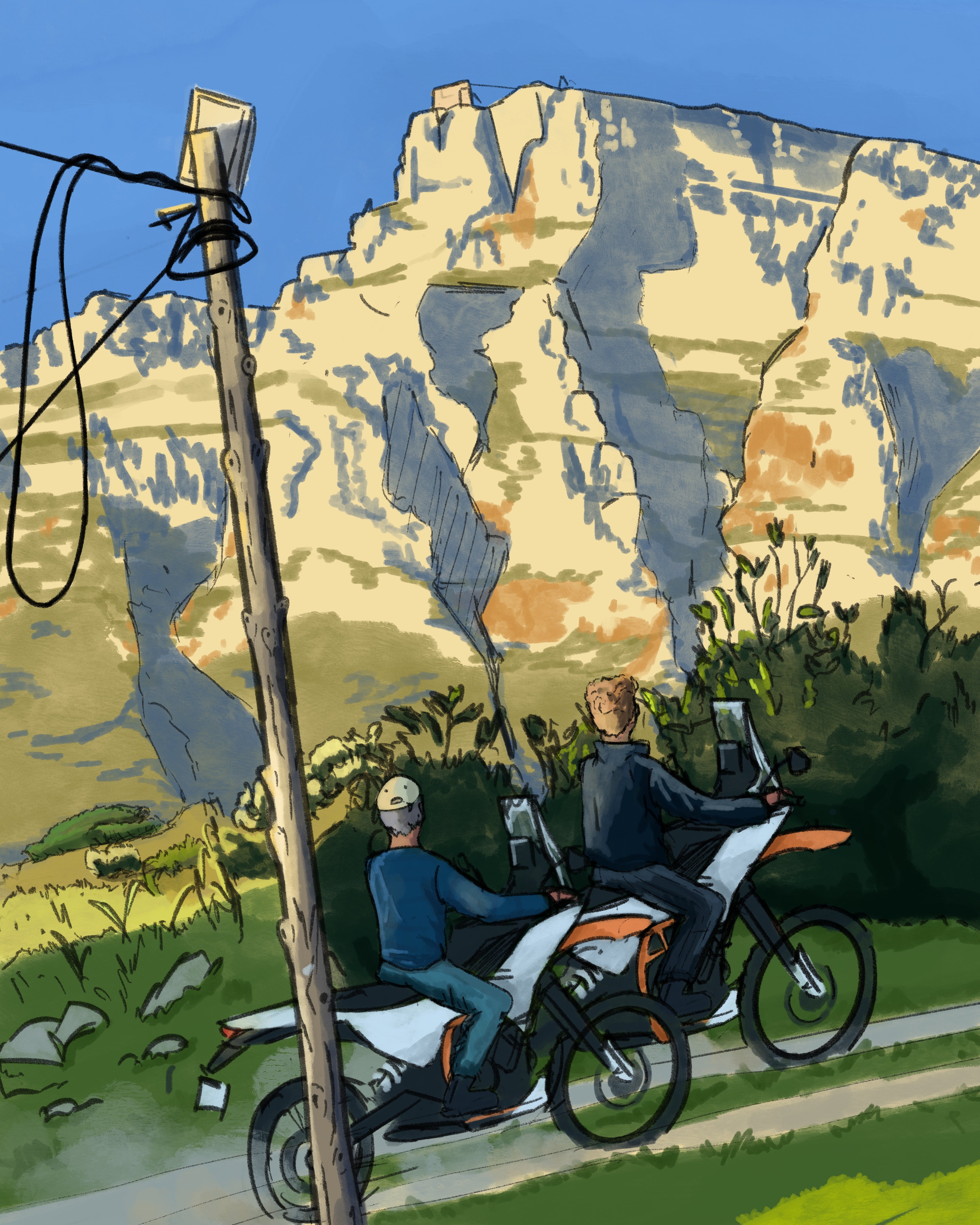 Illustrated scene of two people riding motorcycles along a road with a large pale cliff face and blue sky in the background.