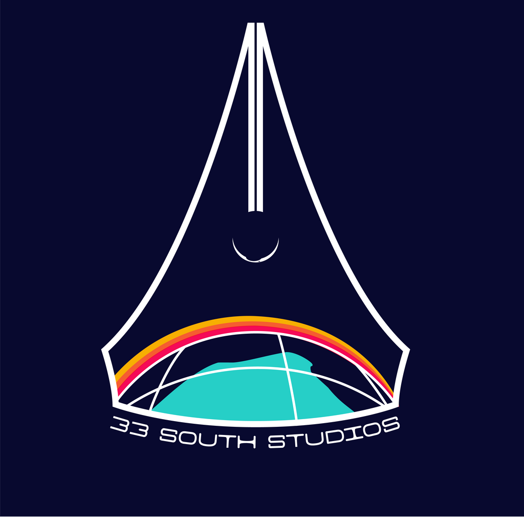 A stylised retro futurism logo or graphic on a dark navy background, featuring a sunrise over the world inside of a pen with the words '33 SOUTH STUDIOS' 