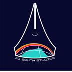 A stylised retro futurism logo or graphic on a dark navy background, featuring a sunrise over the world inside of a pen with the words '33 SOUTH STUDIOS' 