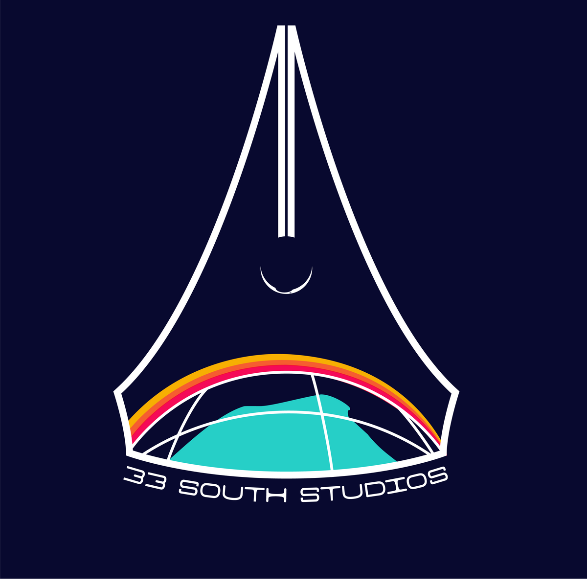 A stylised retro futurism logo or graphic on a dark navy background, featuring a sunrise over the world inside of a pen with the words '33 SOUTH STUDIOS' 