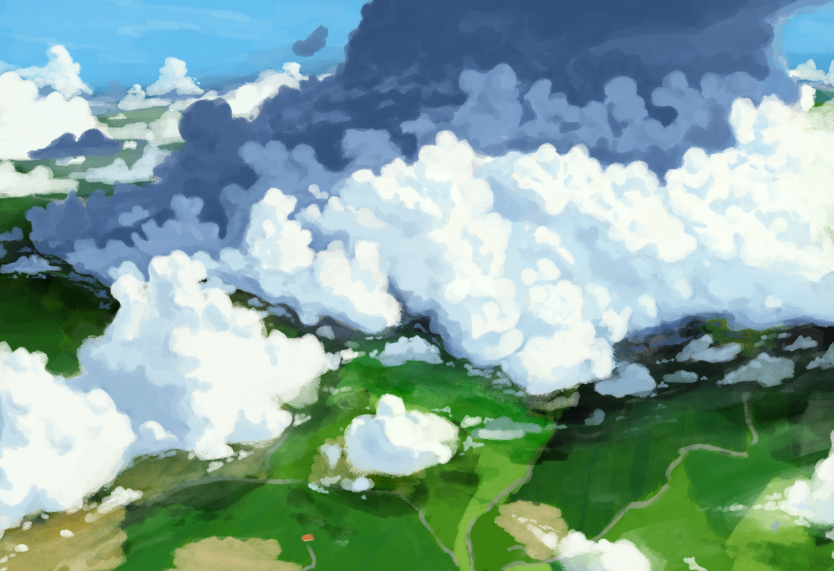 Watercolour landscape artwork showing dramatic white clouds over a green field under a blue sky.