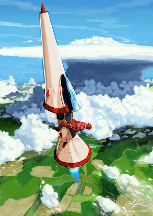 An illustration of a rocket launching into a blue sky filled with clouds, with green land visible below. The rocket is cream, red, and blue, and there is a stylized signature in the lower right corner.