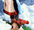 A styalised illustration showing a person in a red racing suit clinging to the side of a large red, black, and white rocket against a cloudy blue sky.