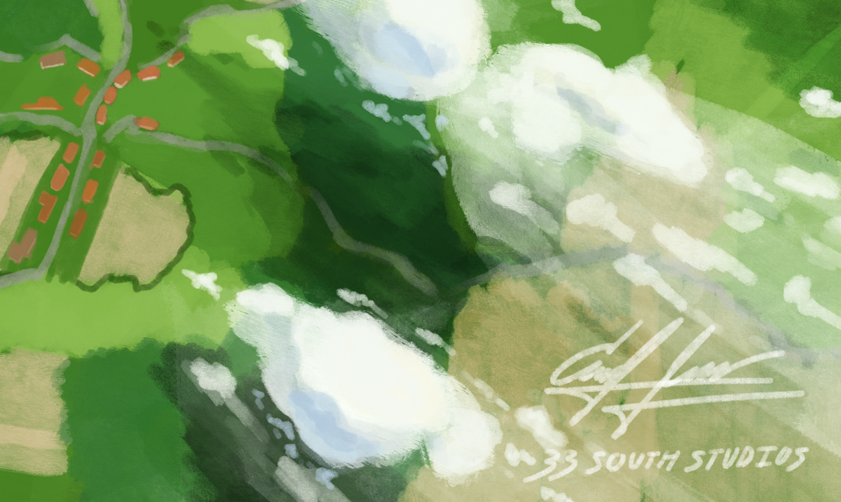 Watercolor-style artwork showing an aerial landscape with green fields, white clouds, and a white signature reading '33 South Studios'.
